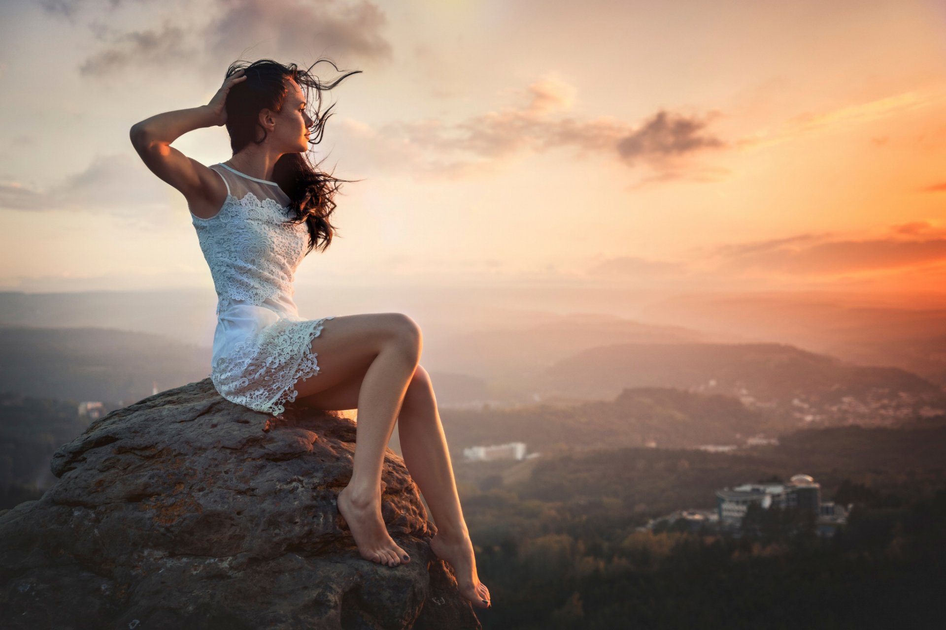 admiring the sunset views landscape the distance girl town wind height beauty