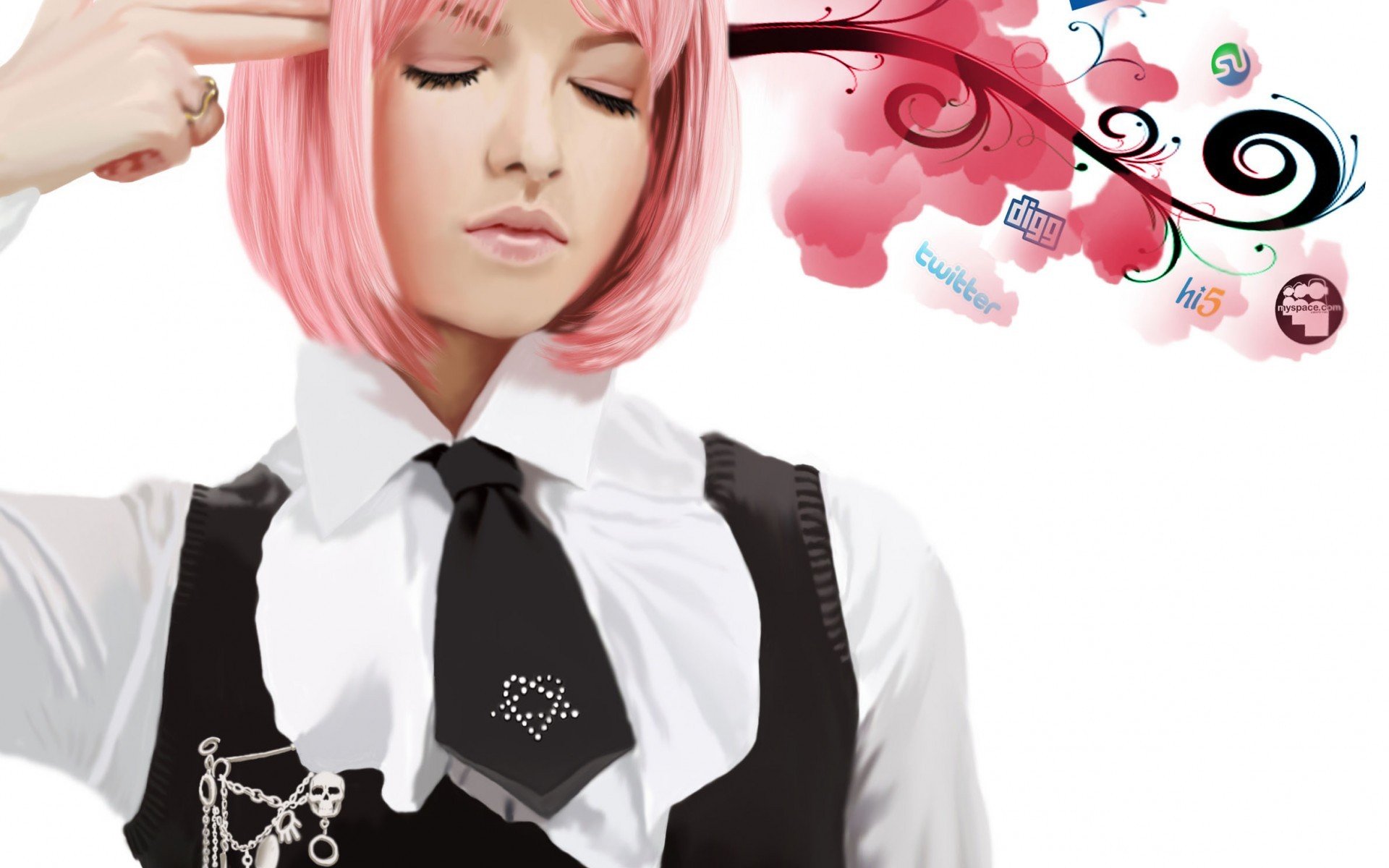 pink hair lips necktie art girl