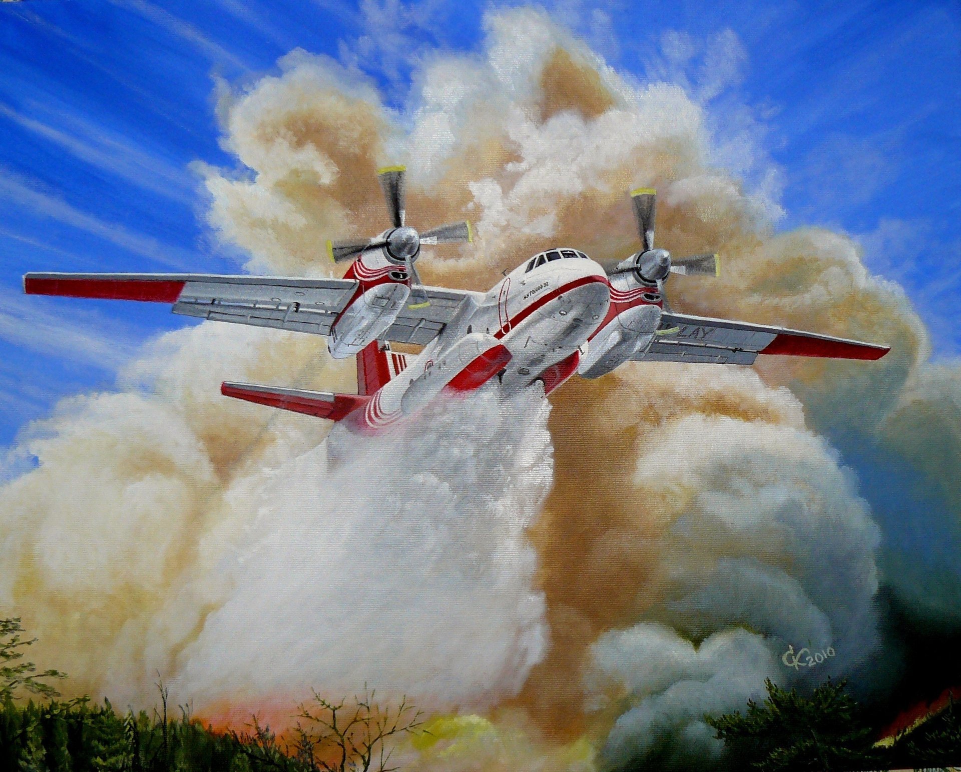 russian an-32p art the sky fire forest the plane