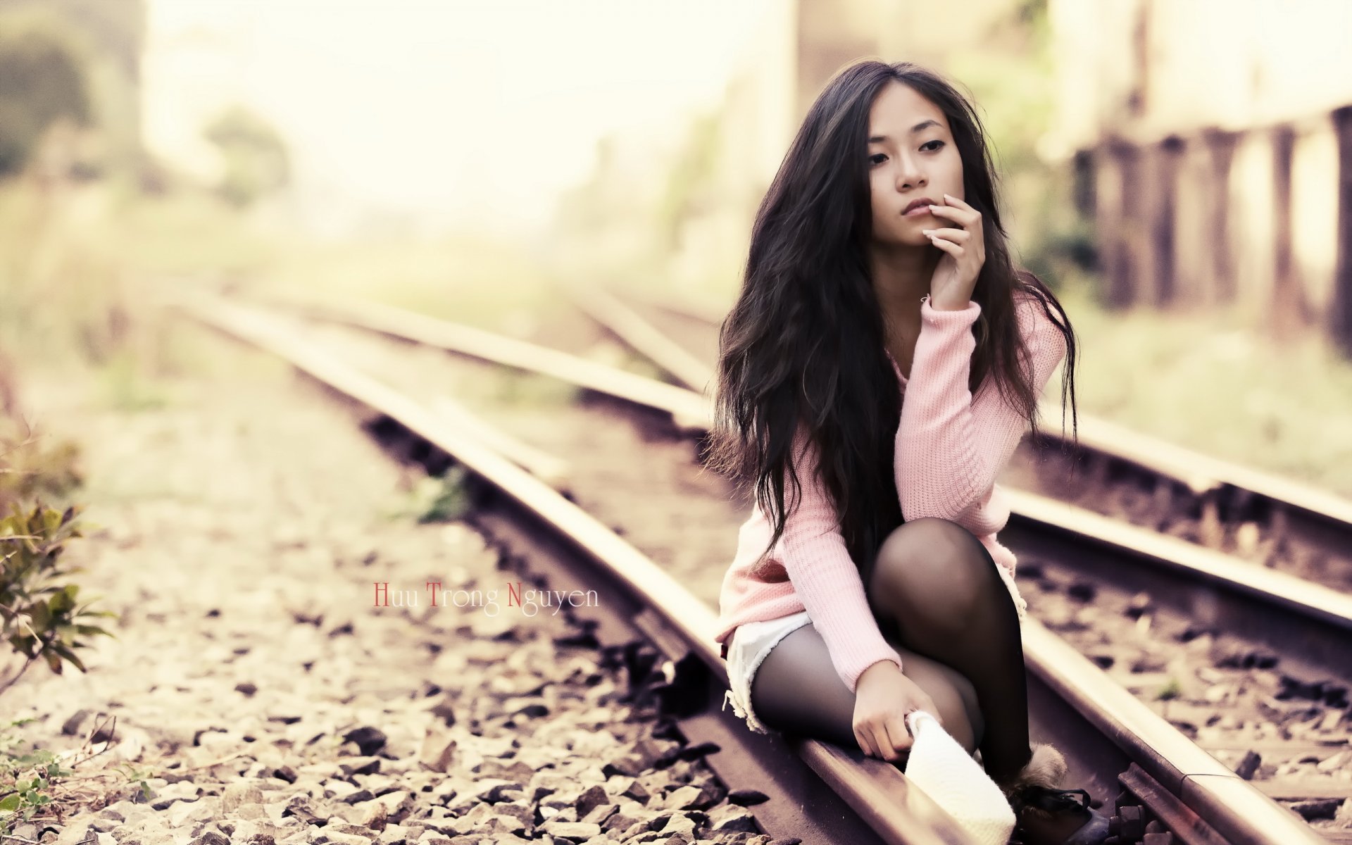 girl railroad pose