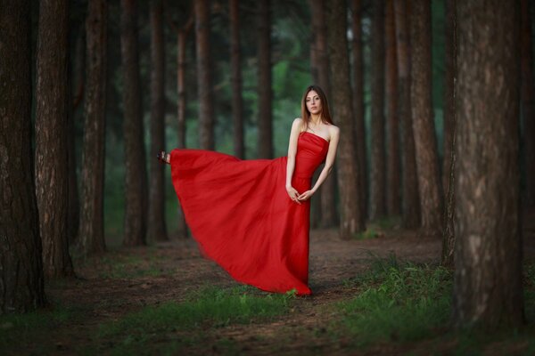 Fille en robe rouge dans la forêt