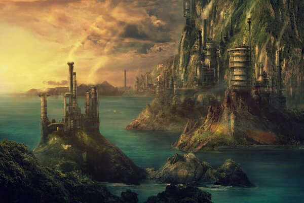 Technopolis on distant Islands (fantasy art)