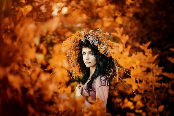 Autumn portrait of a girl in a wreath of leaves