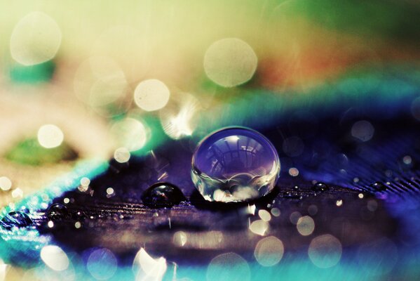 Fotografía macro de una gota de agua sobre un fondo azul y púrpura