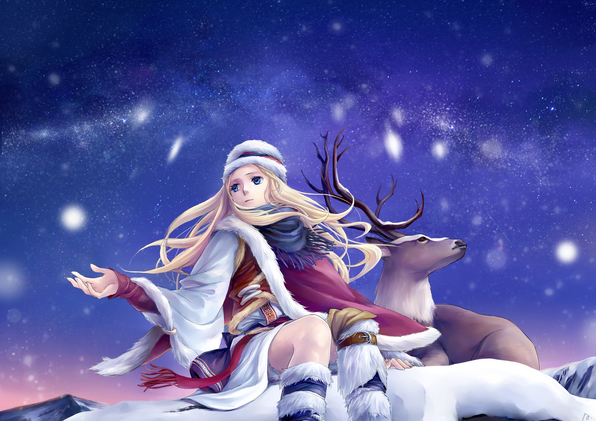 ann mädchen himmel winter schnee sterne hirsch kunst