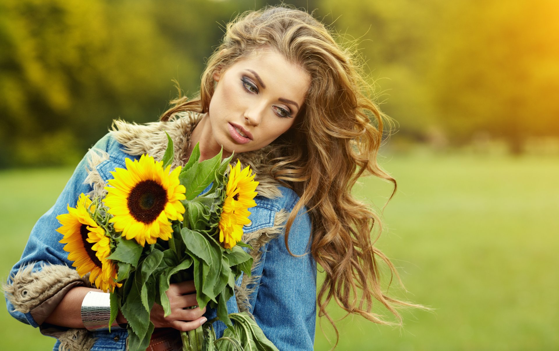 chica girasoles pelo castaño rizos flores otoño girasol ojos cara labios cabello