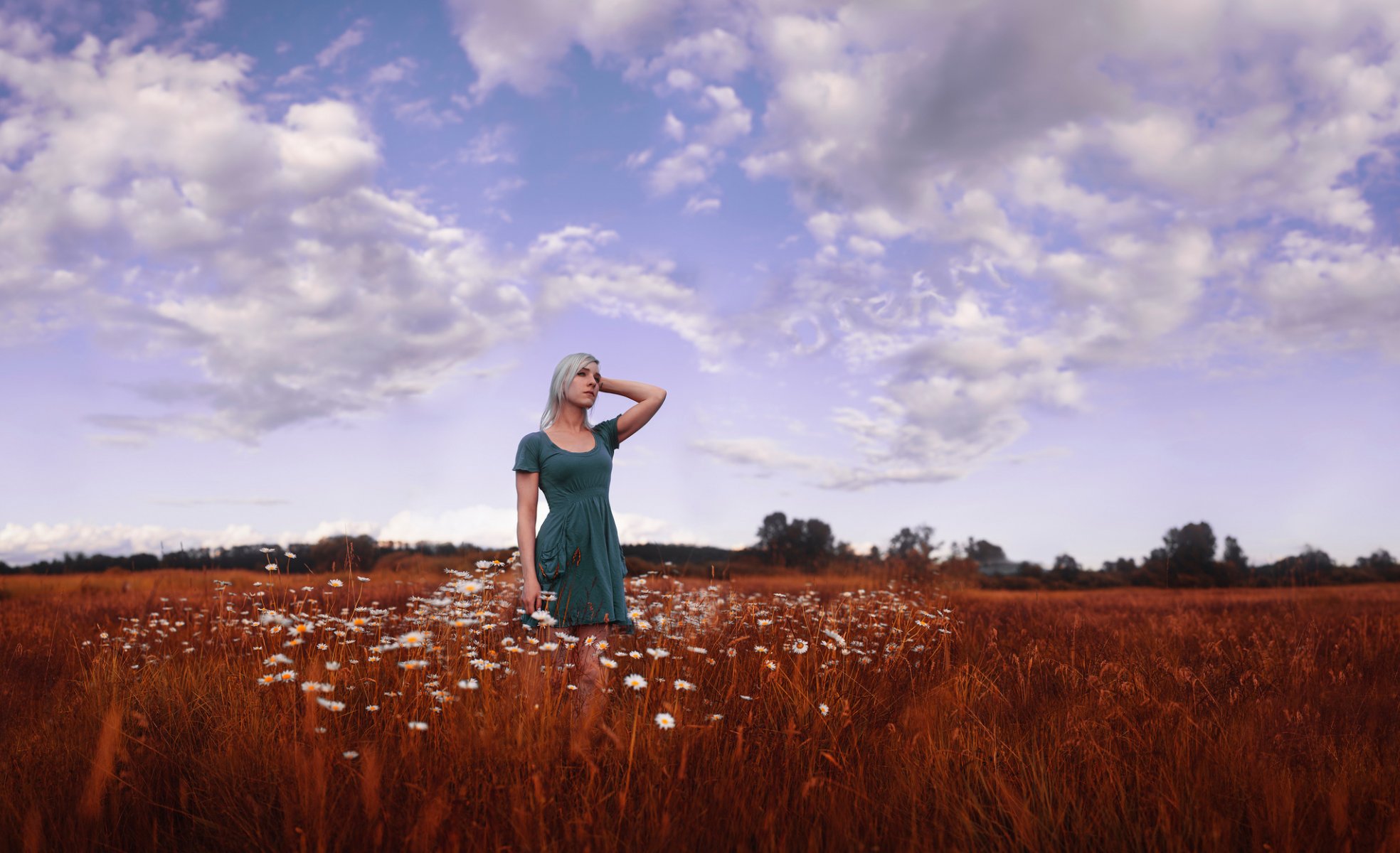 chamomile field girl dress sky clouds beauty