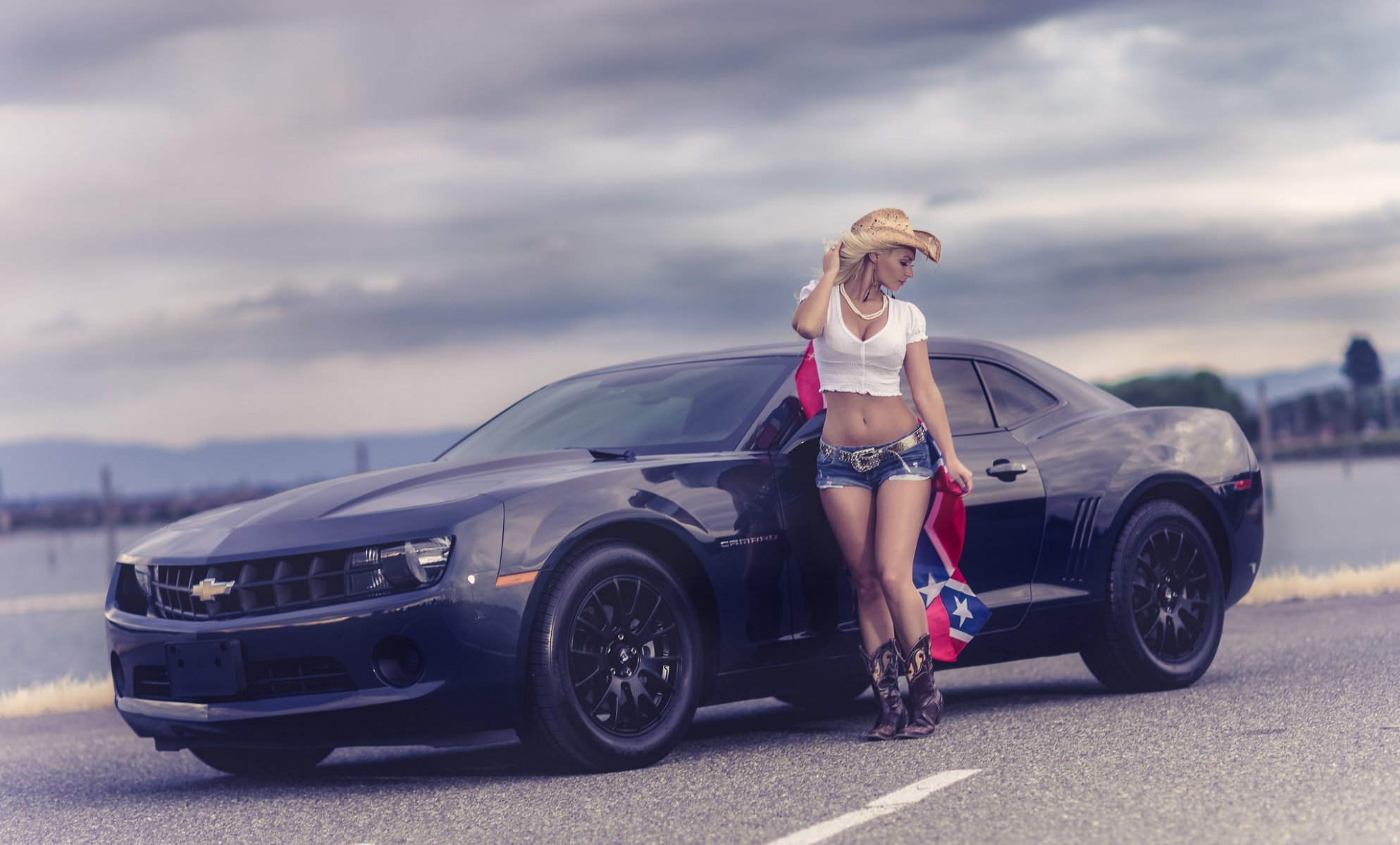 chevrolet chevrolet camaro camaro girl shorts flag road