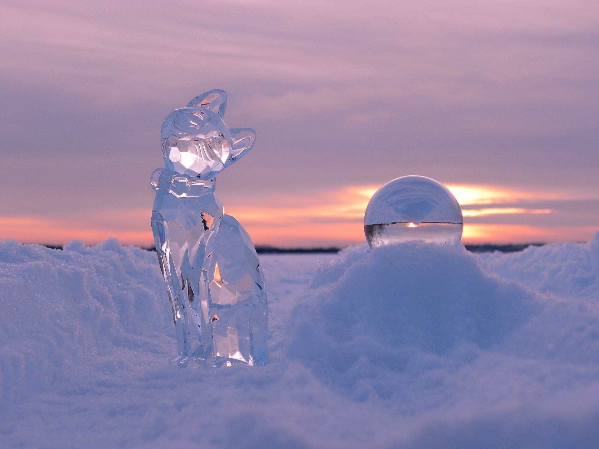 winter skulpturen katze sonnenuntergang eis schnee kugel