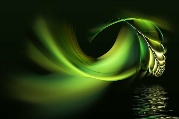 Green neon feather on black background wallpaper