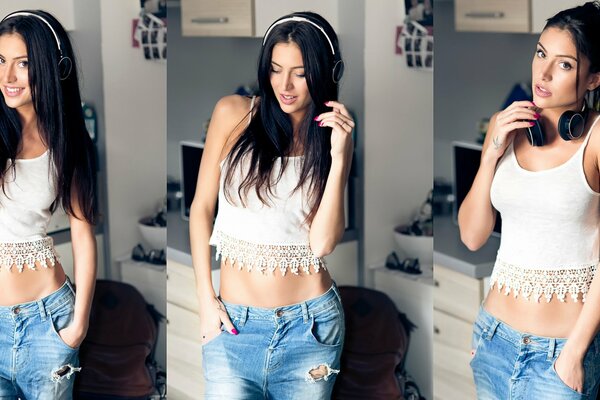 Tres fotos de una chica con auriculares que sonríe