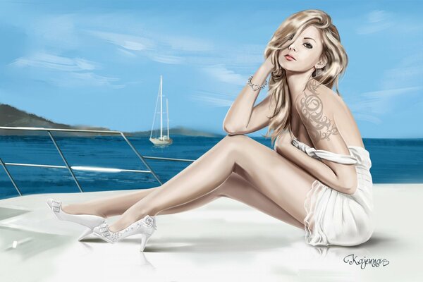 Art blondes Mädchen im weißen Kleid auf einer Yacht am Meer