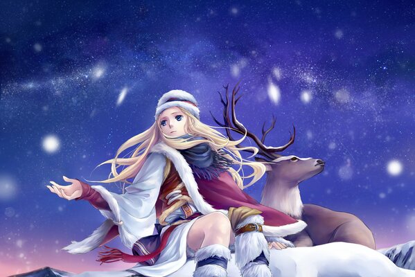 Anime invernale, ragazza e cervo