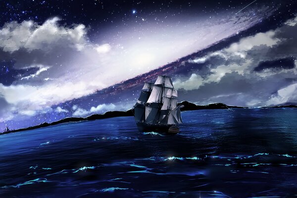 Nave nel mare blu sullo sfondo del cielo stellato