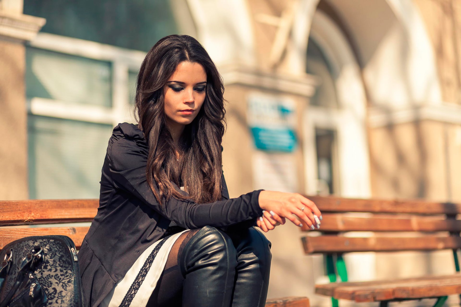 portrait view cigarette street bench town