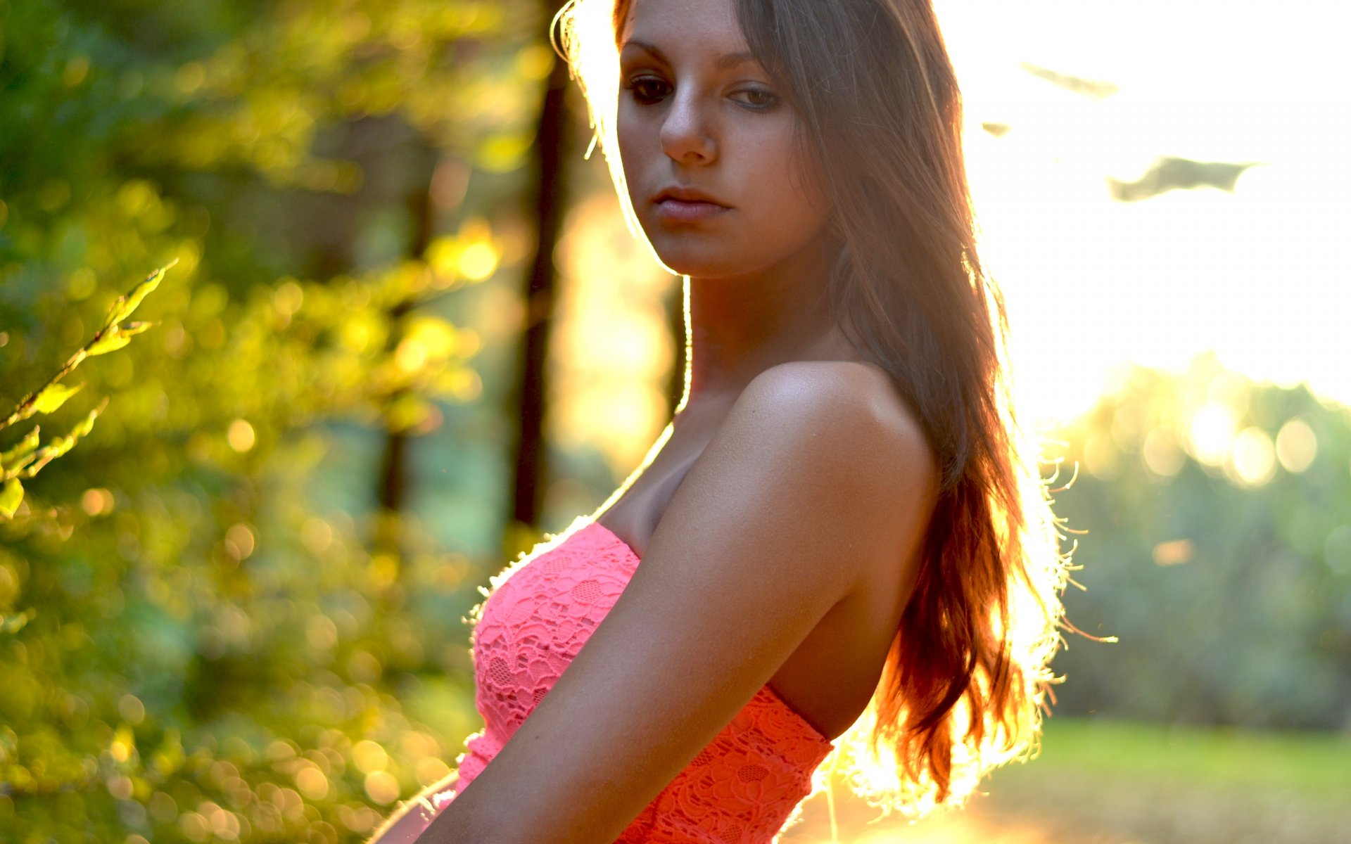 girl hair view shoulders dress sun sunset forest