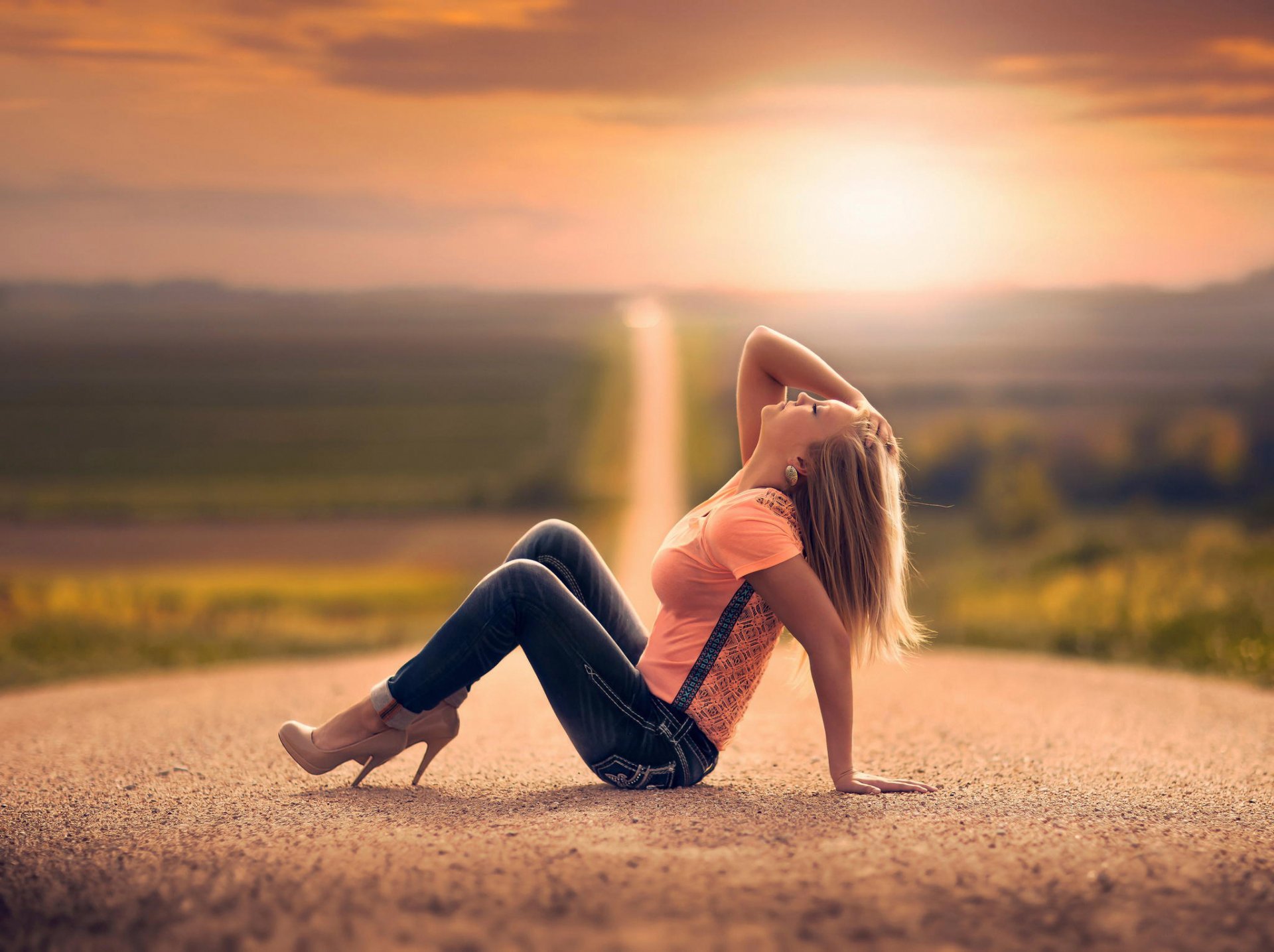 girl road space jeans bokeh