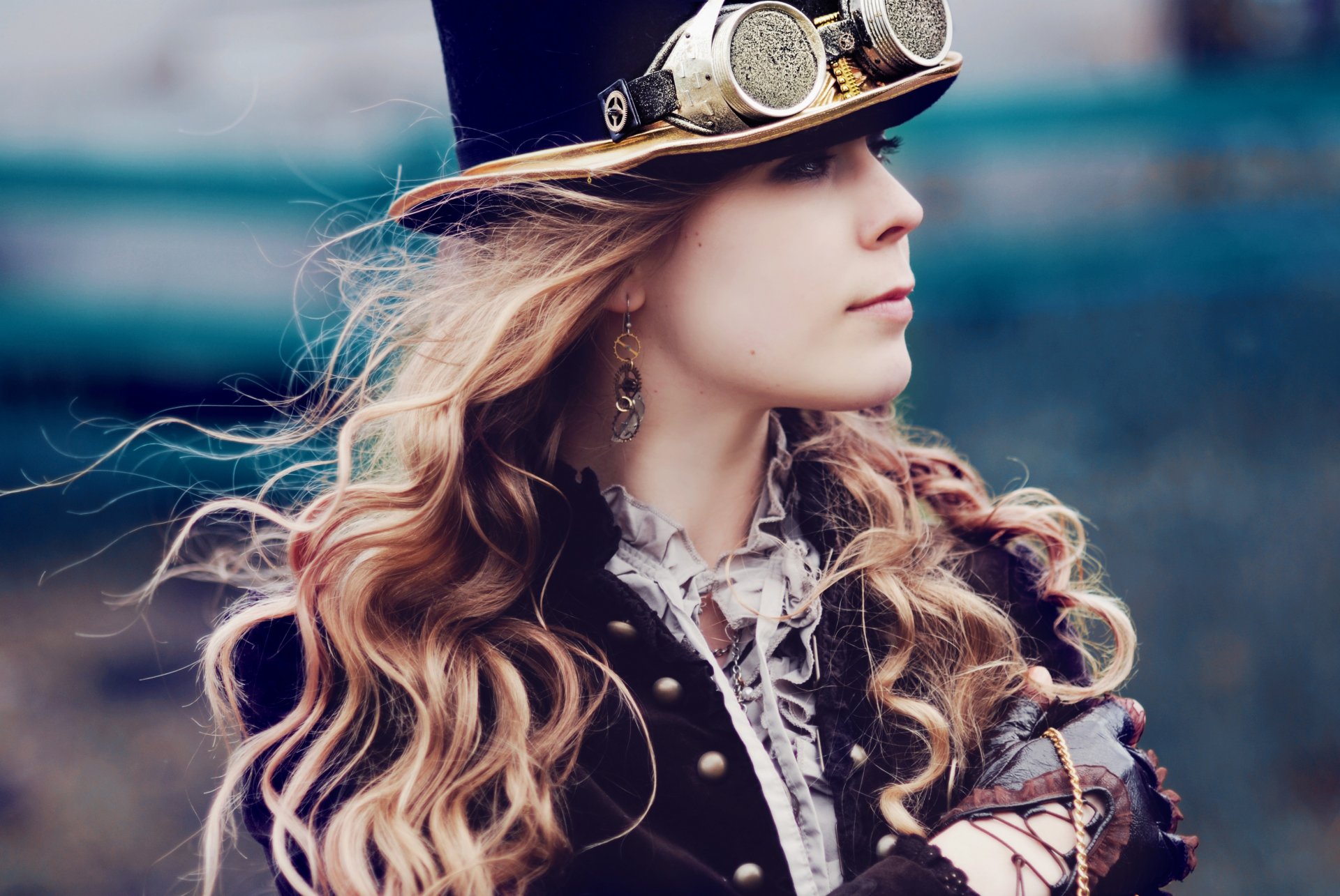 steampunk époque victorienne goggles fille cylindre chapeau boucles d oreilles cheveux