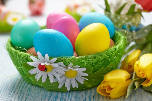 Easter eggs in a basket next to tulips