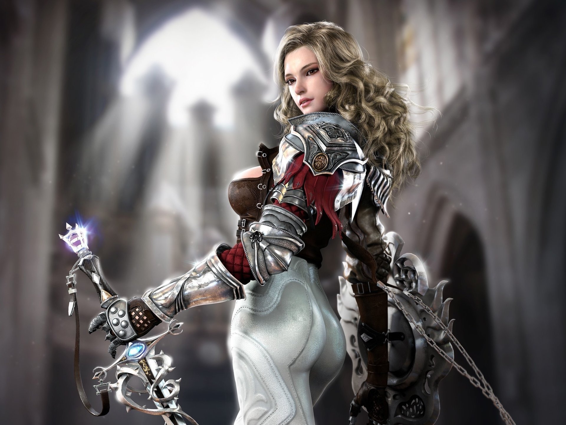 hield girl sword temple art fantasy