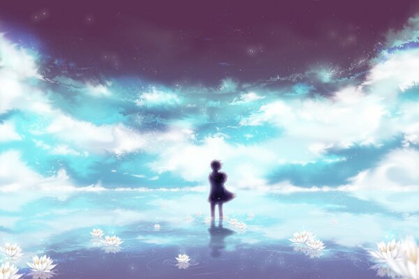 Anime chico en el cielo, soñando mirando
