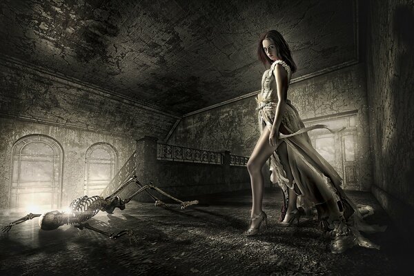 A red-haired girl in a long white dress and shoes stands over a skeleton in an old room