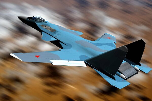 Blue su-47 golden eagle in flight on a brown background