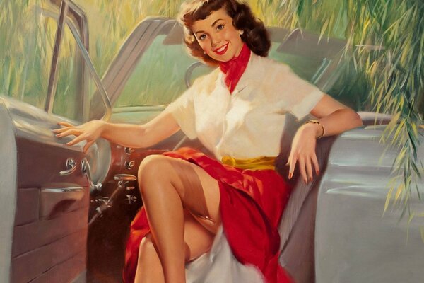 Beautiful retro girl in a car