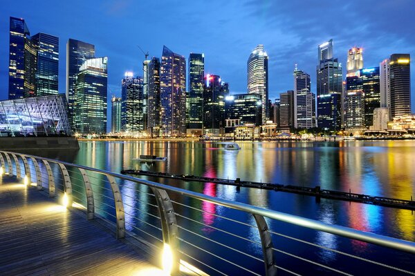 Noche de Singapur a la luz de las lámparas contra el cielo