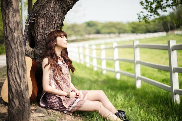 Une fille avec une guitare est assise penchée sur un arbre et regarde au loin