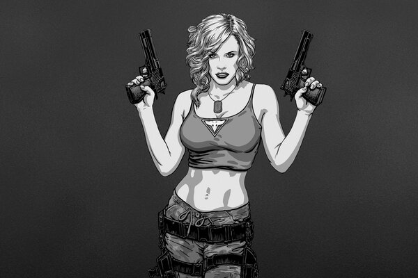 Black and white art of a beautiful girl from red alert with pistols