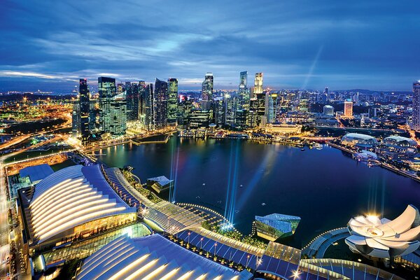 Luces de la noche en el crepúsculo de Singapur