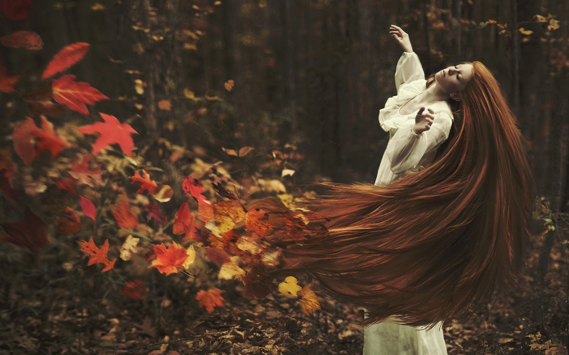 fille cheveux feuilles automne situation