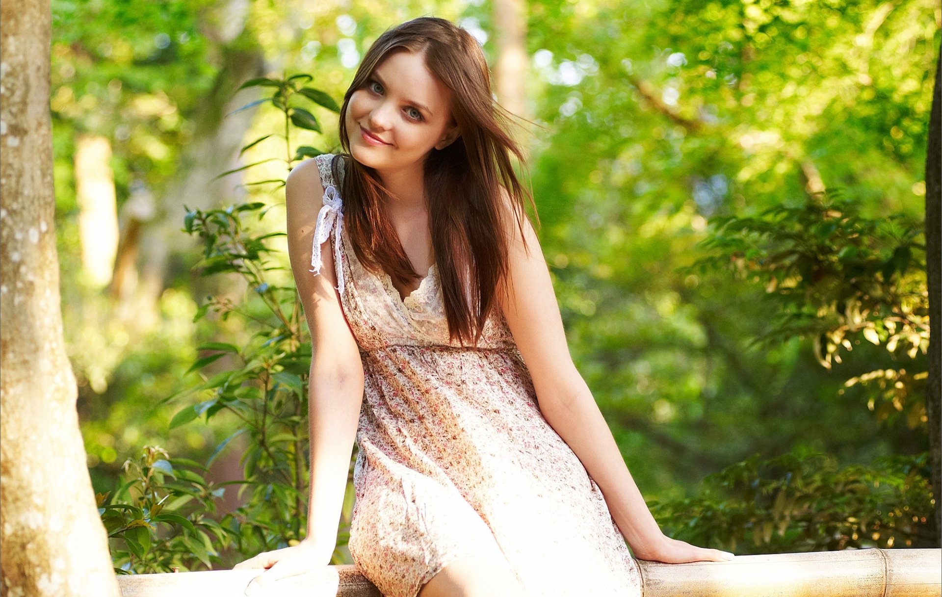 emily girl brown-haired look smile curls breeze dress tree log bokeh foliage bow