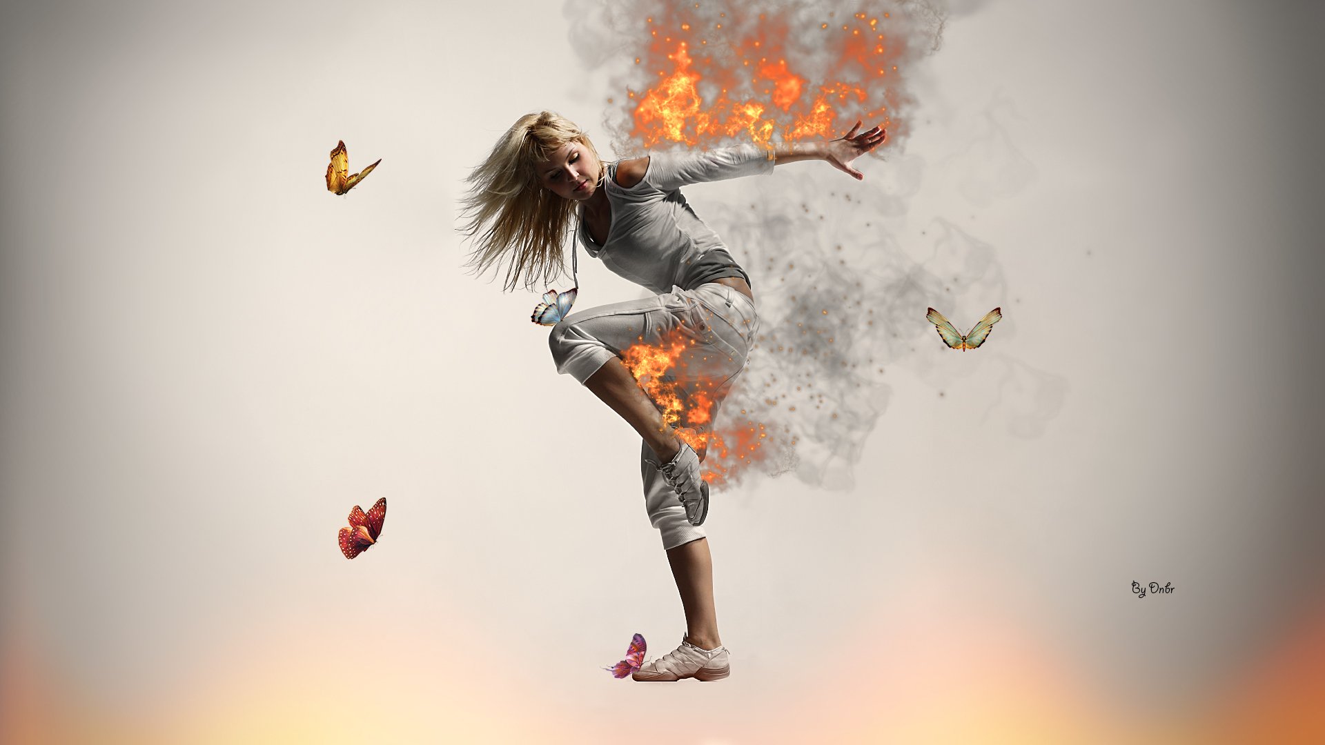 girl dance fire butterfly blonde