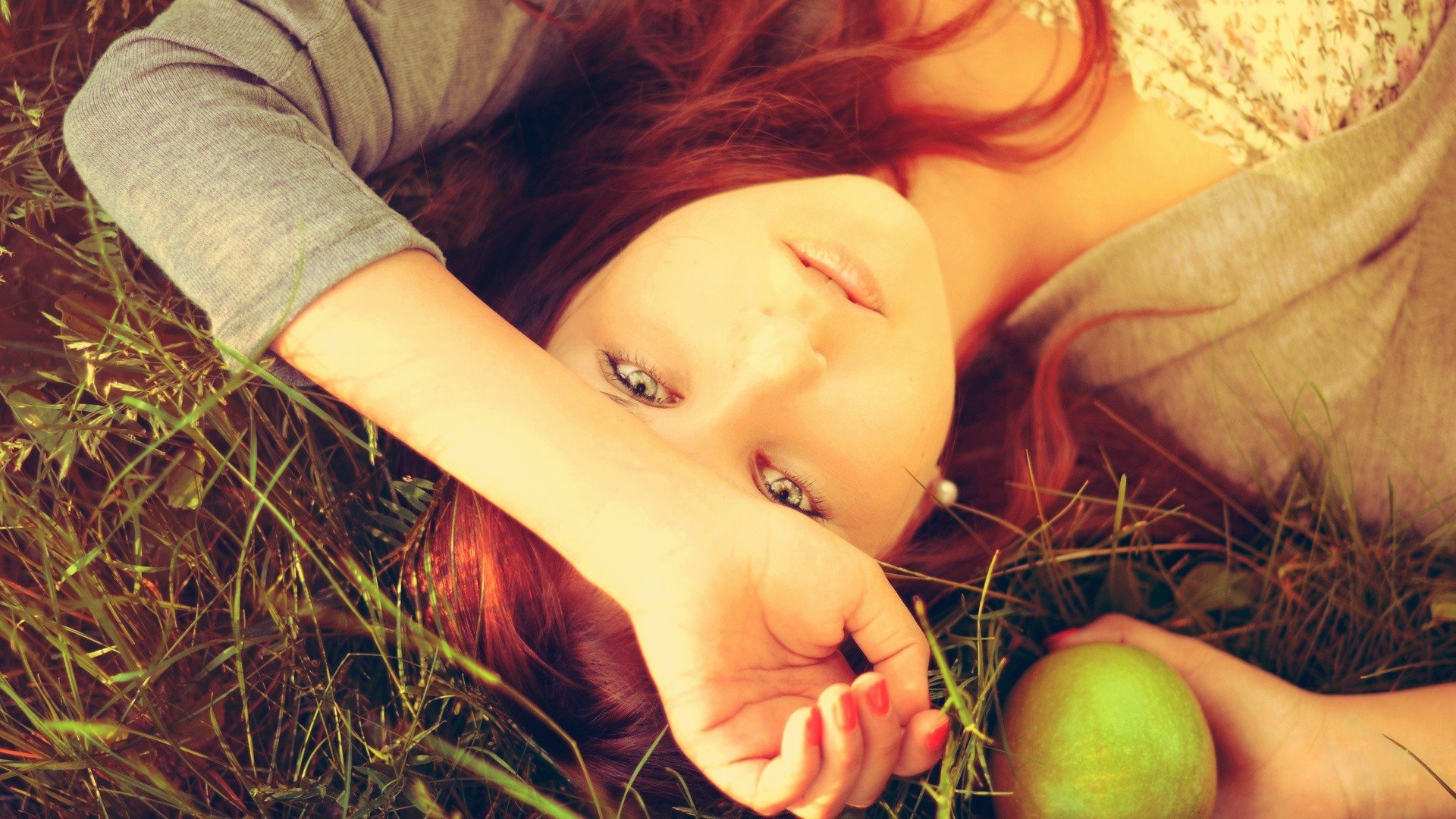 mood girl red hair apple green face green eyes nature greenery grass background wallpaper