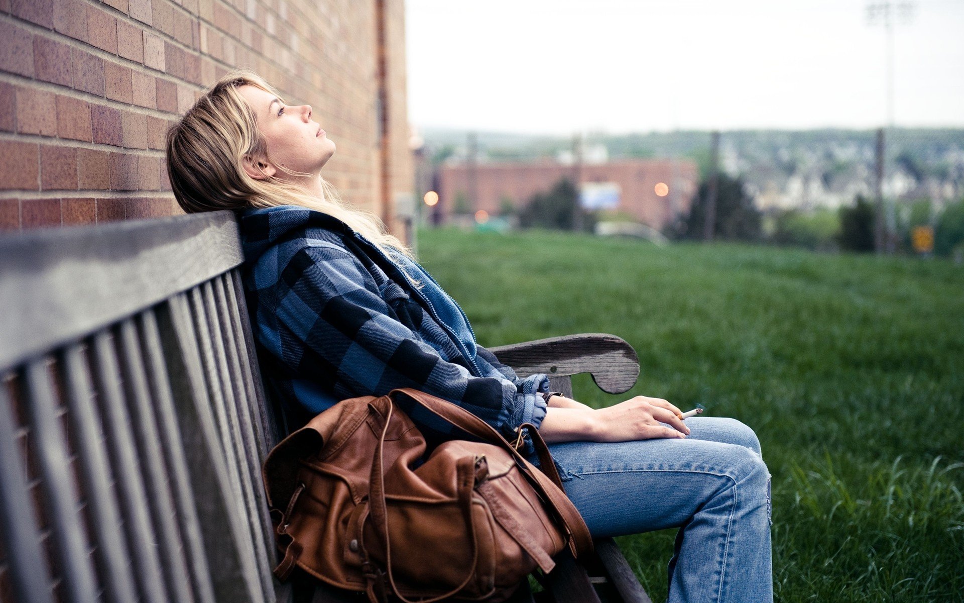 ituation girl blonde bag view bench nature grass wall brick background wallpaper . wallpaper