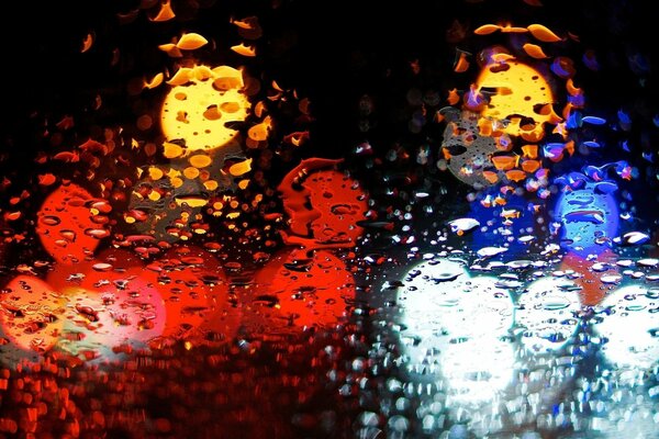 Autumn rain lights with water drops