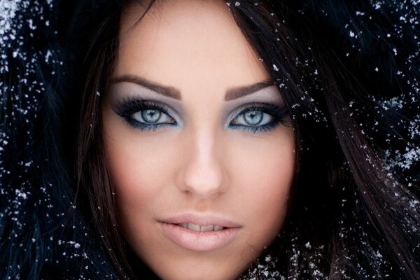 A girl in a fur coat in winter with snowflakes on the hood