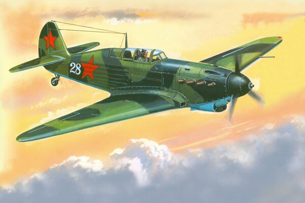 Sowjetischer einmotoriger Yak-7a auf Himmelshintergrund, Zeichnung