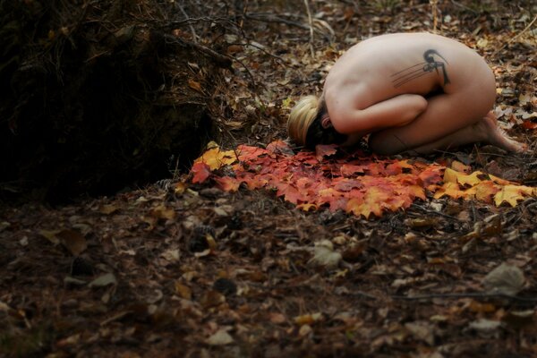 Chica desnuda en el bosque