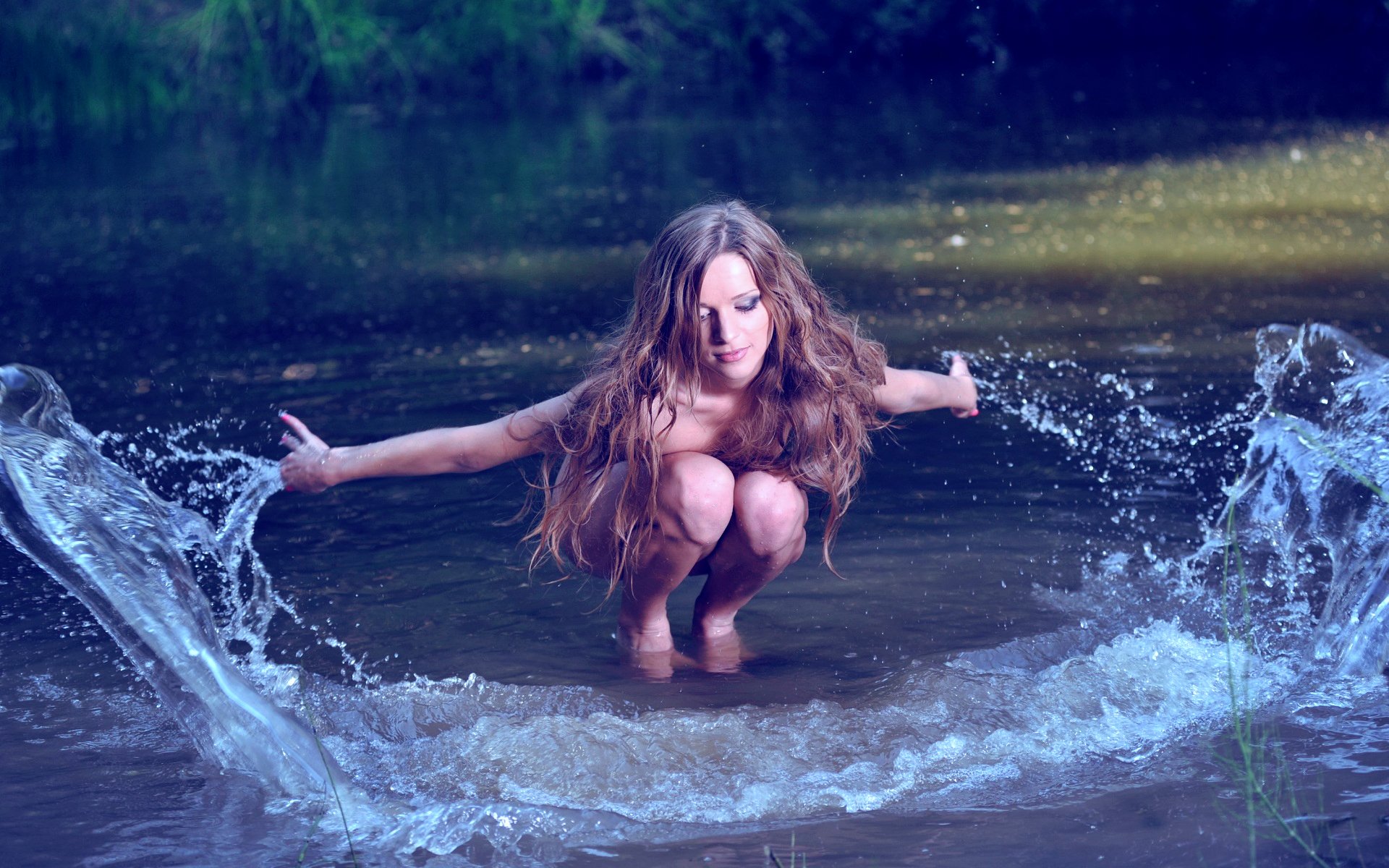 девушка волосы вода река брызги всплеск