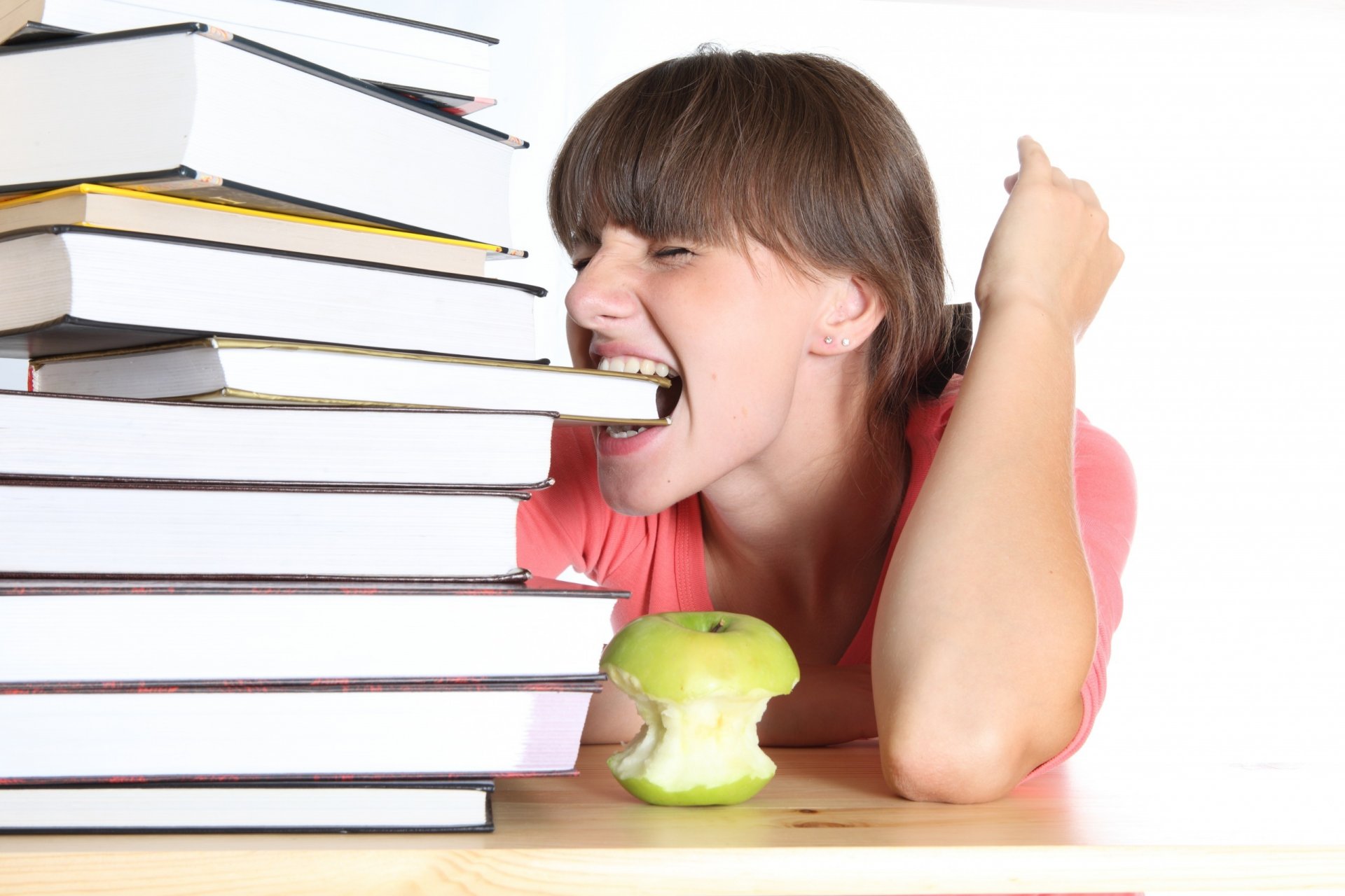 books study tired girl schoolgirl student apple