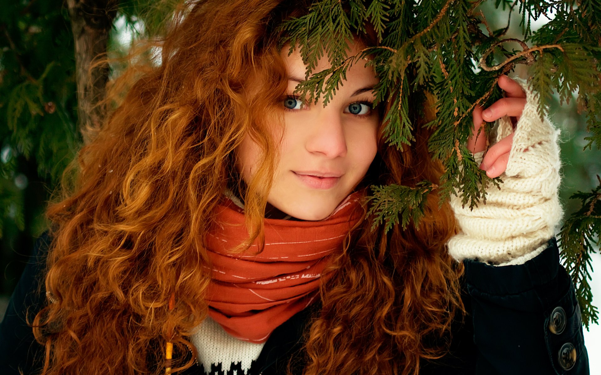 girl face view smile red hair nature forest