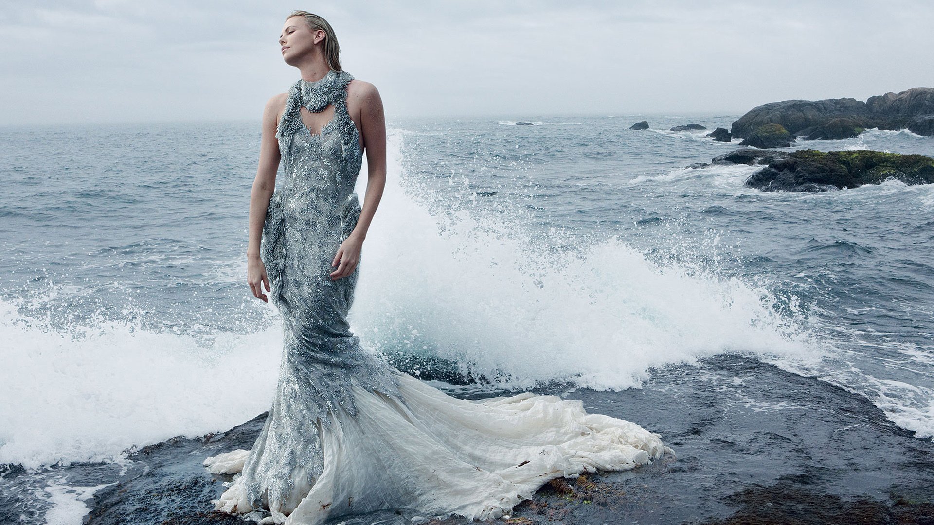 charlize theron actress girl dress sea spray wave