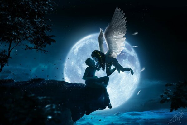 Девушка с ангельскими крыльями целует мужчину, сидящего на обрыве скалы