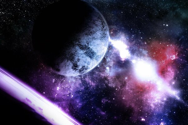 Spazio esterno con un pianeta e una stella viola