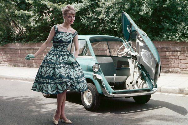 Retro BMW600 turquoise color and charming girl