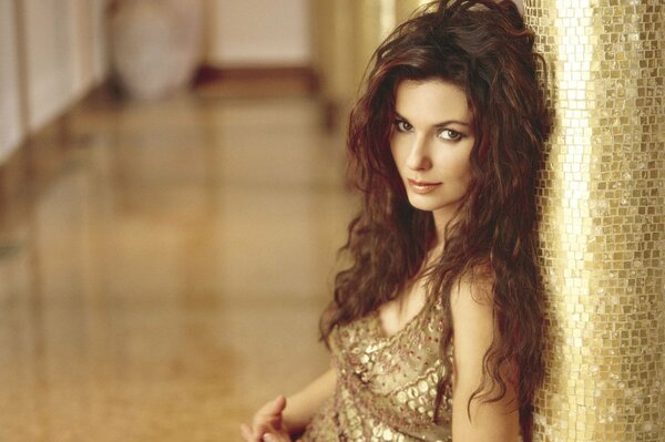 Brown-haired singer shania twain in a gold dress