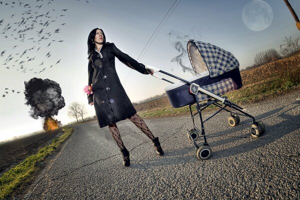 A girl on the road with a stroller